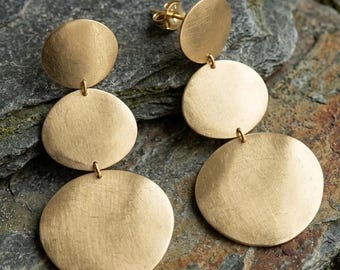 Handmade Brass Copper Disc Drop Earrings: Modern Geometric Statement Boho Tribal Jewelry