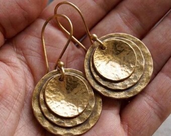 Hammered Copper Brass Layered Disc Aura Earrings – Rustic Minimalist Geometric Boho Jewelry
