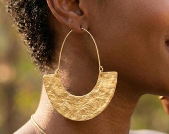 Hammered Brass Copper Hoop Earrings, Half-Moon Dangle Boho Statement Jewellery
