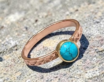 Hammered Rose Gold Copper Ring, Turquoise Gemstone, Dainty Stacking Band