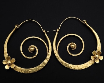 Hammered Brass Copper Hoop Earrings, Boho Half-Moon Dangle Jewellery, Floral Spiral Statement Hoops