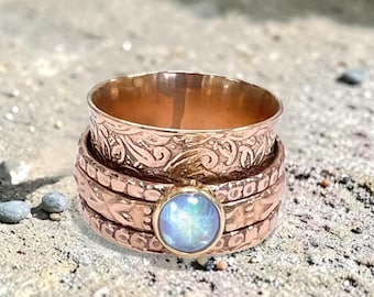 Handmade Copper Spinner Ring, Moonstone Textured Band, Boho Fidget Jewelry/Healing, Aura Elevating