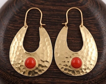 Hammered Brass Copper Dangle Earrings with Turquoise, Coral, Pearl Stones – Boho Statement Jewelry
