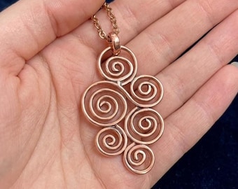 Handmade Spiral Copper Pendant Necklace: Swirl Design Boho Jewelry/Healing, Aura Elevating