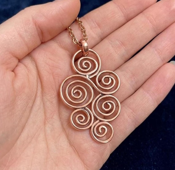 Handmade Spiral Copper Pendant Necklace: Swirl Design Boho Jewelry/Healing, Aura Elevating