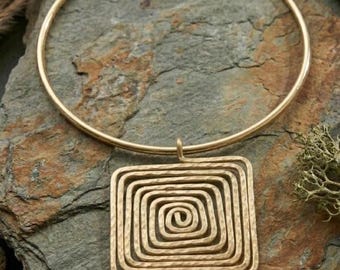 Geometric Spiral Brass Pendant Necklace and Earrings Set – Boho Statement Jewelry