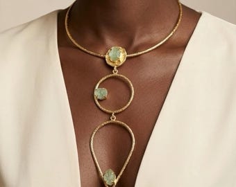 Handmade Geometric Raw Crystal Necklace Earrings Set: Brass or Copper, Boho Statement Jewelry