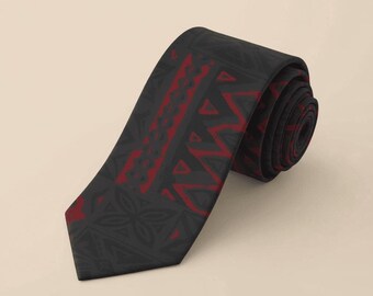 Corbata con estampado Elei rojo samoano de The Koko Samoa, regalo para papá, estampado polinésico, accesorio cultural pasifika, para bodas y oficinas.