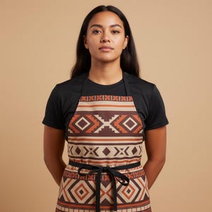 May include: An apron with a geometric pattern in shades of brown, tan, and orange. The apron has a black neck strap and waist tie. The design features diamond and rectangular shapes.