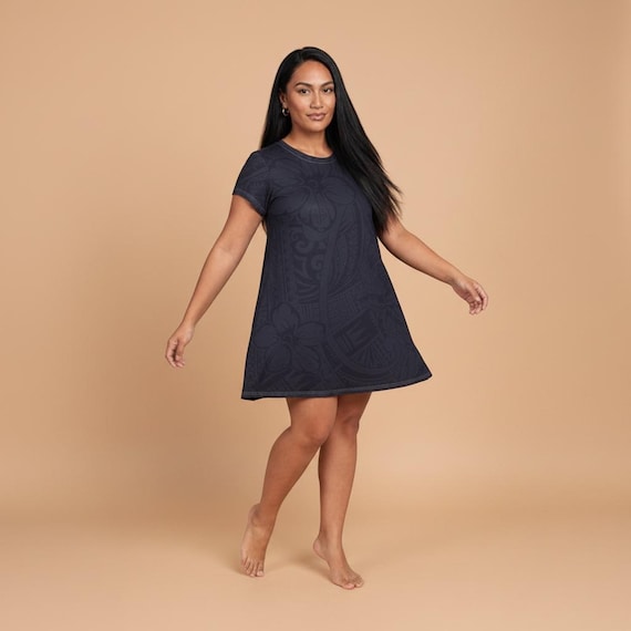 Samoan Blue Bloom Tee Dress, Polynesian Floral Print Casual Midi Dress, Pacific Island AOP T-Shirt Dress, Pasifika Summer Wear
