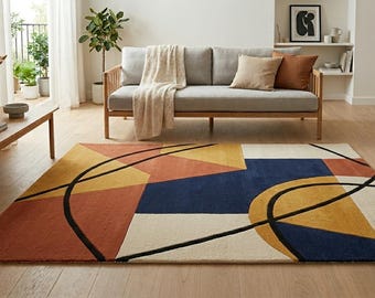 Modern Geometric Multicolor Hand-Tufted Rug – Abstract Terracotta, Mustard & Navy Designer Area Carpet for Living Room 8×10 9×12 12×15