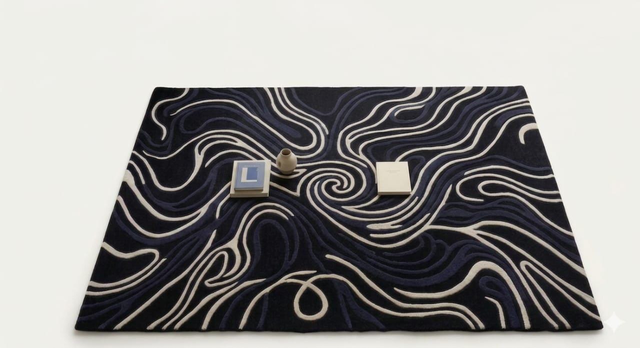 Modern Abstract Wave Hand Tufted Area Rug – Luxury Navy Blue & Ivory ...