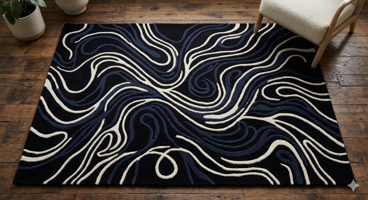 Modern Abstract Wave Hand Tufted Area Rug – Luxury Navy Blue & Ivory ...