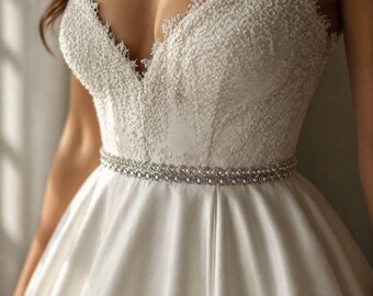 Silver Beaded Bridal Belt with Pearls – Elegant Wedding Dress Sash, Bridal Waist Accessory