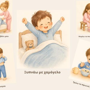 Può includere: Un'illustrazione ad acquerello raffigura la routine mattutina di un bambino. L'immagine mostra un bambino che fa il letto, si veste, si mette le scarpe, si sveglia con un sorriso e fa colazione. È incluso il testo in greco.