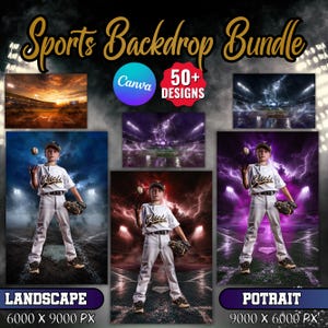 May include: A digital sports backdrop bundle featuring over 50 designs, including stadium scenes with lightning and baseball players in white uniforms with the text Chiefs. The collection includes landscape and portrait orientations at 6000 x 9000 px.