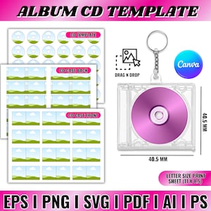 May include: Album CD template with a purple CD in a clear case, 40.5 mm in size, attached to a keychain. Includes CD template, CD case front and back designs. The image also includes the Canva logo and the text "DRAG N DROP".