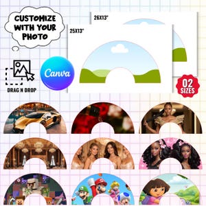 Puede incluir: Imagen promocional de productos fotográficos personalizables. La imagen presenta diseños semicirculares con diferentes imágenes, incluyendo un coche, personas y personajes de dibujos animados. El texto incluye "Personaliza con tu foto", "Arrastrar y soltar" y "Canva". Los tamaños son 63,5x33 cm y 66x33 cm.