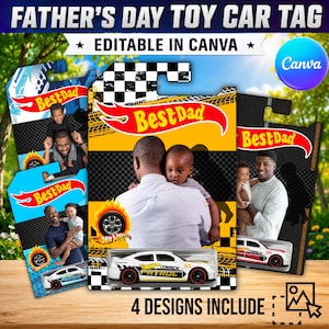 Puede incluir: Un diseño de etiqueta de coche de juguete para el Día del Padre con el texto "Best Dad" y "Editable in Canva". La imagen presenta cuatro diseños diferentes con fotos de padres e hijos y coches de juguete.