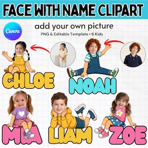 May include: A digital template titled FACE WITH NAME CLIPART featuring six illustrated children in various outfits. The graphic includes editable text areas for names like CHLOE, NOAH, MIA, LIAM, and ZOE, alongside circular photo placeholders.