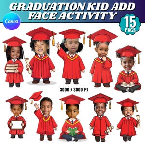 Könnte beinhalten: Digitale Illustrationen von Kindern in Abschlusskleidung. Jedes Kind trägt eine rote Abschlussrobe und -kappe mit einer goldenen Quaste. Einige Kinder halten Bücher, Diplome oder Schilder. Der Text "GRADUATION KID ADD FACE ACTIVITY" ist enthalten.