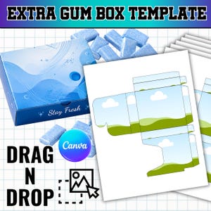 May include: A digital template for an Extra gum box featuring a blue gradient design with the text Stay Fresh, alongside a flat printable layout showing a landscape with clouds and green hills, a Canva logo, and the text DRAG N DROP.