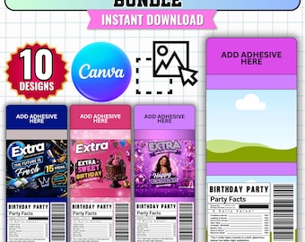 Extra Gum Wrapper Template Bundle, 15 Strip Gum Label Template, 10 Designs + Mockup, Canva Editable Party Favor Template, Digital Download