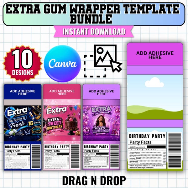 Extra Gum Wrapper Template Bundle, 15 Strip Gum Label Template, 10 Designs + Mockup, Canva Editable Party Favor Template, Digital Download