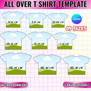 All Over T-Shirt Template 9 sizes Shirt Sublimation Blank Template Canva Editable Drag Drop T-Shirt Template SVG DIY Shirt Outline Template