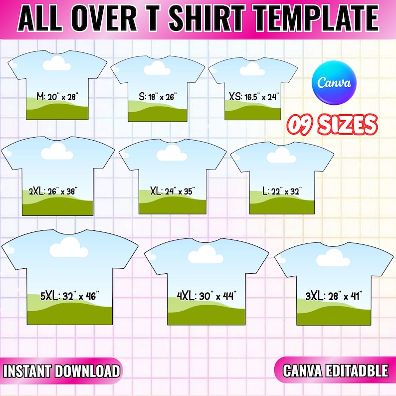 All Over T-Shirt Template 9 sizes Shirt Sublimation Blank Template Canva Editable Drag Drop T-Shirt Template SVG DIY Shirt Outline Template