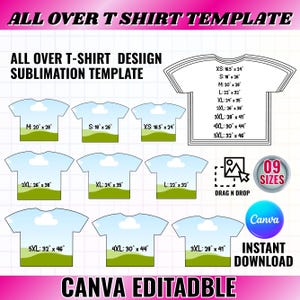 May include: A digital template for all-over t-shirt designs. The image displays various t-shirt sizes, including XS (16.5" x 24") to 5XL (32" x 46"). The design features a cloud and grass graphic, with the text "CANVA EDITABLE" and "INSTANT DOWNLOAD".