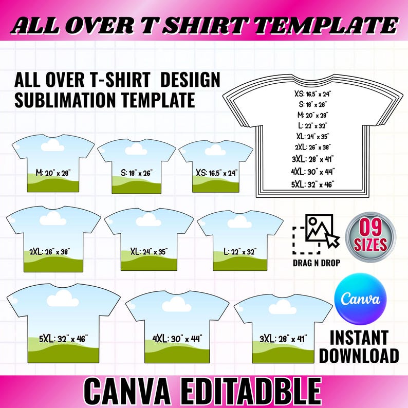 All Over T-Shirt Template 9 sizes Shirt Sublimation Blank Template Canva Editable Drag Drop T-Shirt Template SVG DIY Shirt Outline Template