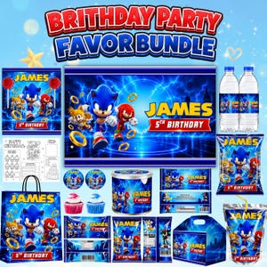 May include: A Sonic the Hedgehog themed birthday party favor bundle featuring blue, red, and yellow graphics. Items include a large banner, water bottle labels, chip bags, cupcake toppers, a favor box, and a personalized activity sheet for James' 5th birthday.