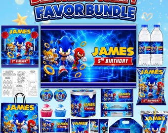 Sonic The Hedgehog Birthday Party Favor Bundle Editable Canva Template, Printable Chip Bag, Water Bottle, Gable Box Labels Digital Download