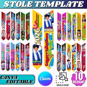 May include: A collection of graduation stole templates with the year 2026, featuring various designs with photos, text, and the words "Congratulations" and "Graduation". The image also includes the text "CANVA EDITABLE" and "DRAG N DROP".