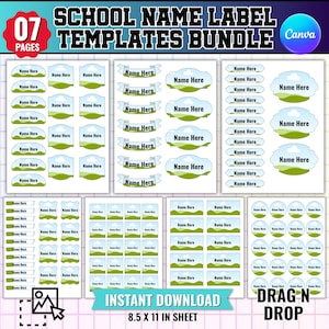 Può includere: Un pacchetto digitale di 7 pagine di modelli di etichette scolastiche con un design a cielo e prato. Ogni etichetta include il testo Name Here. I fogli sono formattati per carta da 21,59 x 27,94 cm con funzionalità di trascinamento.