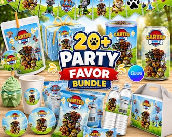 Paw Puppy Rescue Birthday Party Favor Bundle 20x Items, Dog Hero Theme Kids Decorations, Editable Chip Bag Water Label Canva Template