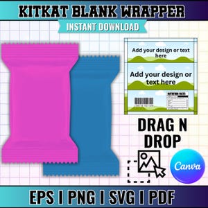Könnte beinhalten: Eine digitale Vorlage für eine Schokoriegelverpackung mit einer rosa Hülle, einer blauen Hülle und einem anpassbaren Layout mit Wolken, Hügeln, Strichcode und Nährwertangaben. Der Text lautet KITKAT BLANK WRAPPER, INSTANT DOWNLOAD, DRAG N DROP und Canva.