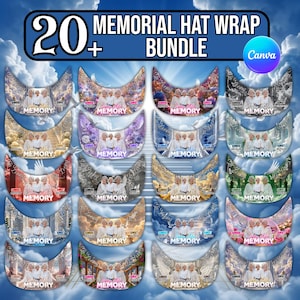Puede incluir: Una colección digital de más de 20 diseños de envolturas para sombreros conmemorativos en forma de media luna con fondos de cielo y nubes. Cada diseño incluye espacio para tres fotos, el texto "In Loving Memory", nombres y fechas.