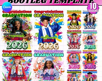 12x Kindergarten Grad Bootleg Template Bundle | 10 Canva Designs | Editable Class of 2026 Kids Graduation | Custom Photo Pre-K Grad Gift