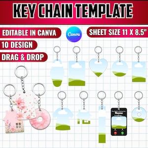 8x Keychain Canva Templates | Rectangle, Circle & Vintage Motel Blanks, Custom Keychain Sublimation Drag And Drop DIY Acrylic Keychain