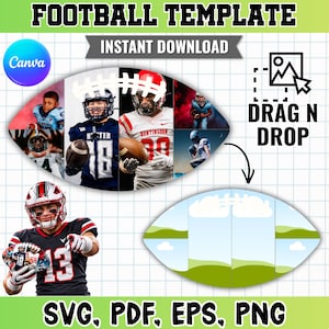 May include: A digital football template featuring a large oval graphic with multiple photo slots, a drag and drop icon, and a football player wearing a black and red jersey with the number 13. Text includes FOOTBALL TEMPLATE, INSTANT DOWNLOAD, and SVG, PDF, EPS, PNG.