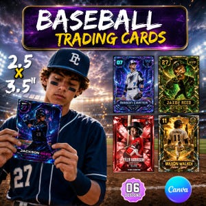 May include: A collection of baseball trading cards measuring 6.35 by 8.89 cm. The cards feature digital illustrations of baseball players including Mason Carter, Jaxon Reed, Tyler Harrison, and Mason Walker, with text labels and team numbers.