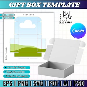 Puede incluir: Una plantilla de caja de regalo blanca con un recorte en forma de nube, que mide 22,86 x 16,51 x 5,08 cm. El diseño incluye una plantilla de línea de troquelado, el logotipo de Canva y el texto "Cut and Fold Template", "Easy to Use and Print", y "Perfect for Play Dough Fun".