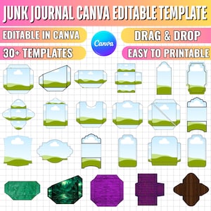 Könnte beinhalten: Eine digitale Sammlung von über 30 Junk-Journal-Vorlagen mit verschiedenen Formen und Umrissen. Der Text lautet JUNK JOURNAL CANVA EDITABLE TEMPLATE, EDITABLE IN CANVA, DRAG & DROP und EASY TO PRINTABLE. Die Vorlagen zeigen Landschaftsszenen.