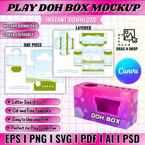 May include: A mockup of a Play Doh box with a pink and purple gradient design. The image includes a layered template and a one-piece template, both with a landscape design. Text includes "Instant Download" and "Canva Editable".