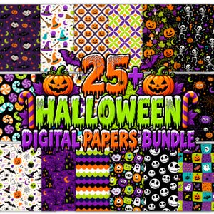 May include: A digital collection of 25 Halloween-themed patterns featuring pumpkins, skeletons, bats, ghosts, and candy corn. The central text reads 25+ HALLOWEEN DIGITAL PAPERS BUNDLE in orange and green slime-dripping letters with candy cane borders.
