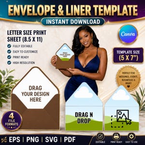 May include: An envelope and liner template with the text "Envelope & Liner Template Instant Download". The template size is 5 x 7 inches, and the letter size print sheet is 8.5 x 11 inches. The template is fully editable, easy to customize, print ready, and high resolution.