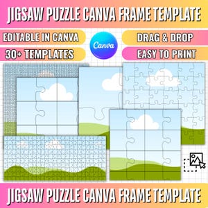Könnte beinhalten: Eine digitale Jigsaw-Puzzle-Canva-Rahmenvorlage mit über 30 bearbeitbaren Layouts. Die Grafik zeigt verschiedene Puzzleteil-Konfigurationen vor einem Landschaftshintergrund mit blauem Himmel, weißen Wolken und grünen Hügeln.
