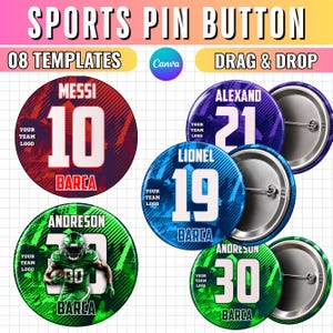 May include: A collection of circular sports pin buttons featuring various team designs with player names like Messi, Alexand, and Lionel, jersey numbers, and the text Barca. The buttons display vibrant red, blue, purple, and green graphic patterns.